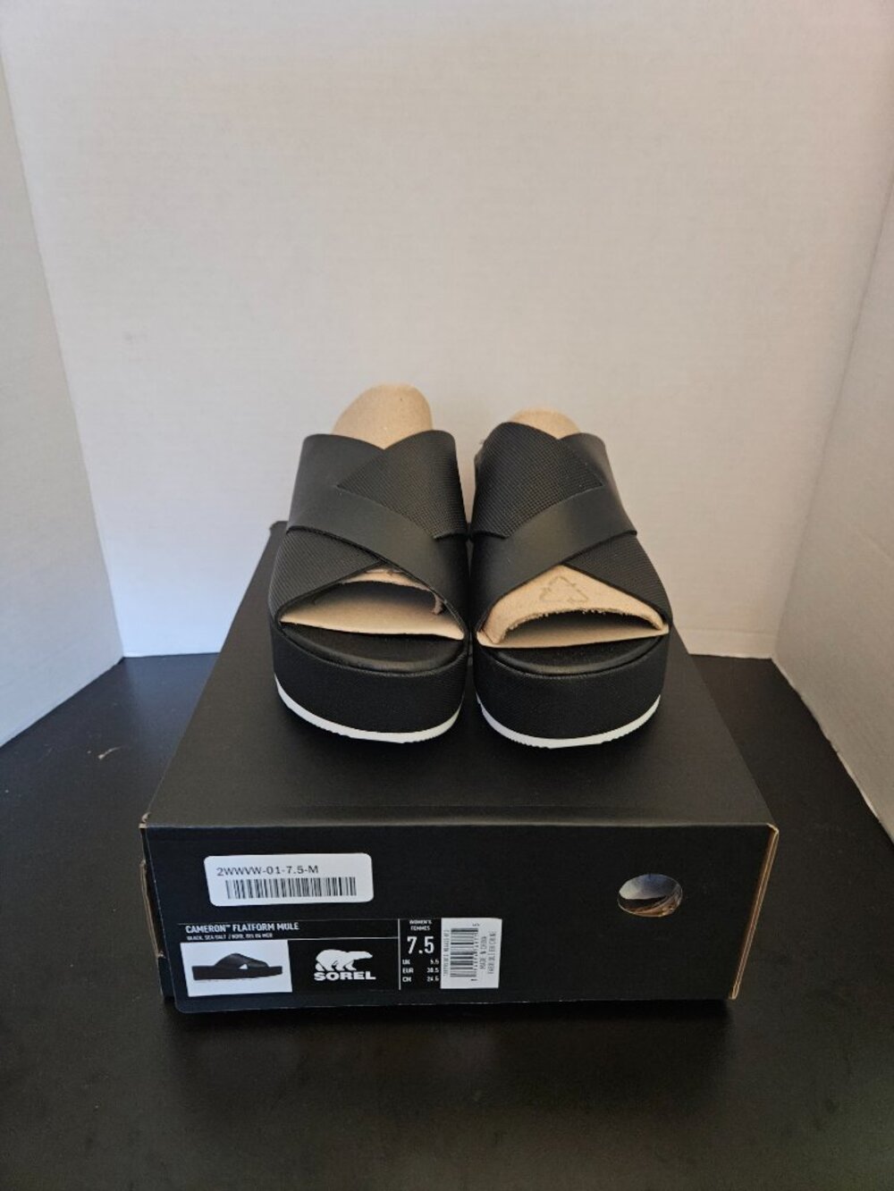 Sorel Cameron Flatform Mule Black Sea Salt Women's 7.5 NWT